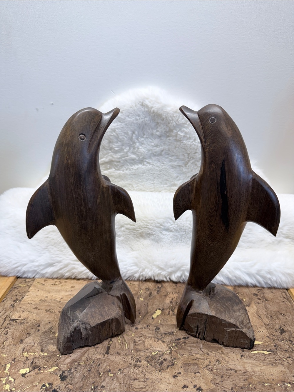 Hand-Carved Dark Wood Heavy Weight Dolphin Sculptures - Pair Folk Art 🐬 - Picture 3 of 4